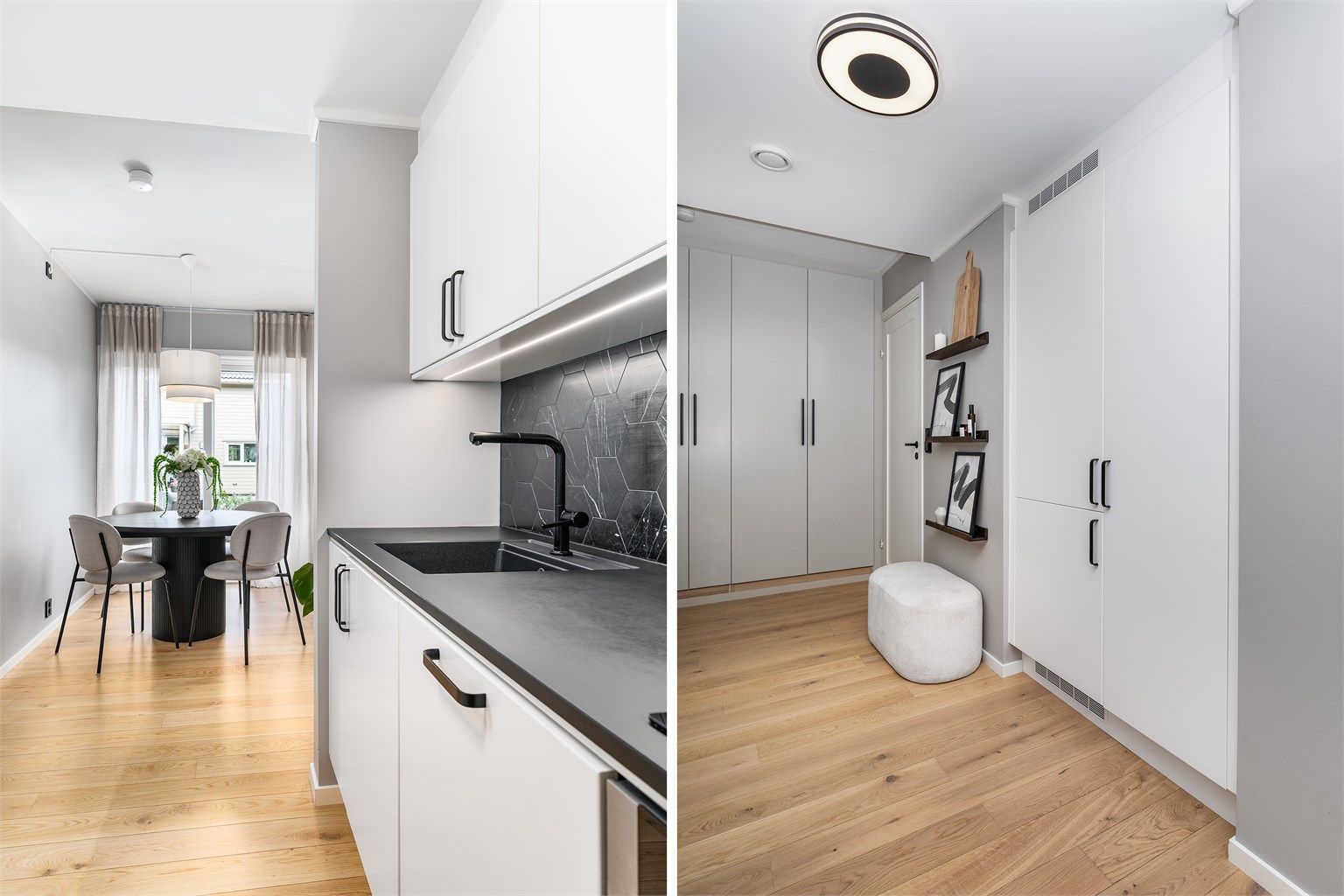 Garderobeskap i serien Pax fra IKEA er meget pent innbygget innerst i gangen, mellom kjøkkenet og badet.