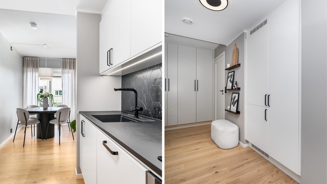 Garderobeskap i serien Pax fra IKEA er meget pent innbygget innerst i gangen, mellom kjøkkenet og badet.