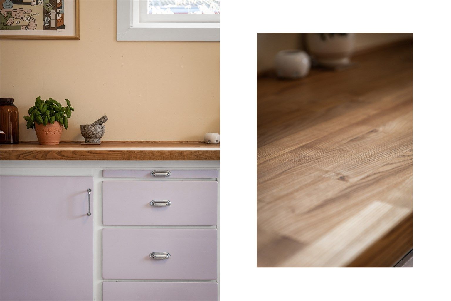 Eldre plassbygget Nordia-kjøkkeninnredning med over- og underskap i glatt utførelse