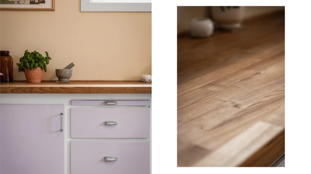 Eldre plassbygget Nordia-kjøkkeninnredning med over- og underskap i glatt utførelse