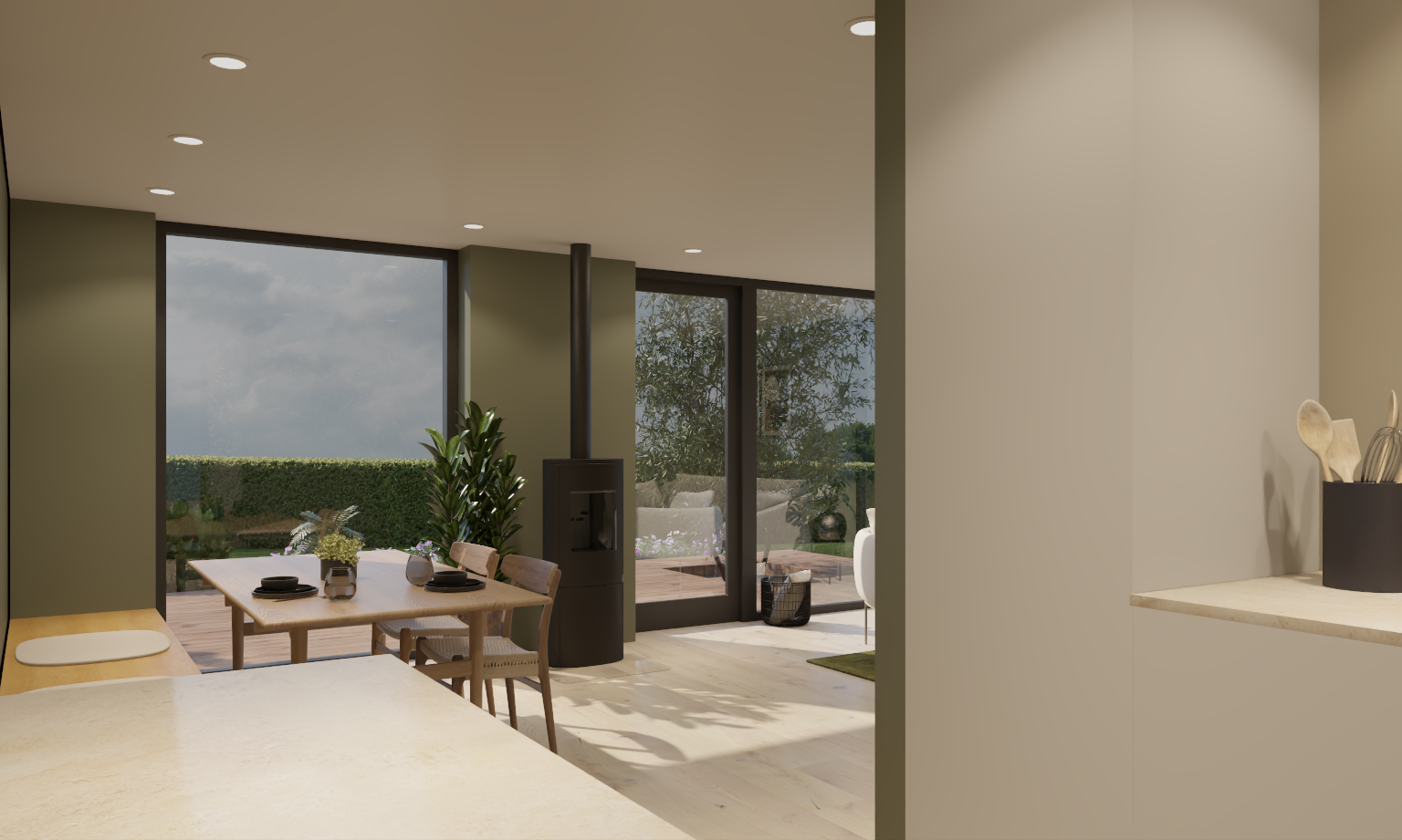 En effektiv og familievennlig planløsning over to etasjer gjør hverdagen litt enklere. I første etasje samles stuen og kjøkkenet i delvis åpen løsning.