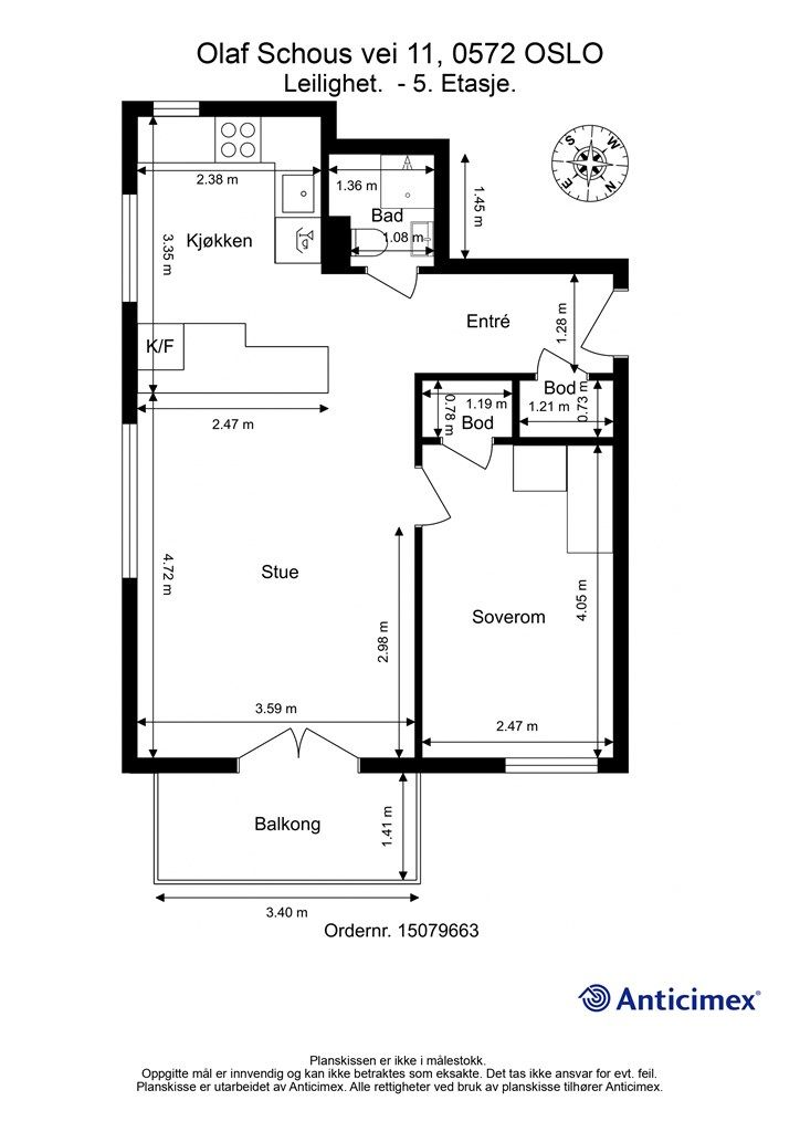 Plantegning - Gjennomgående hjørneleilighet med praktiske interne boder. 