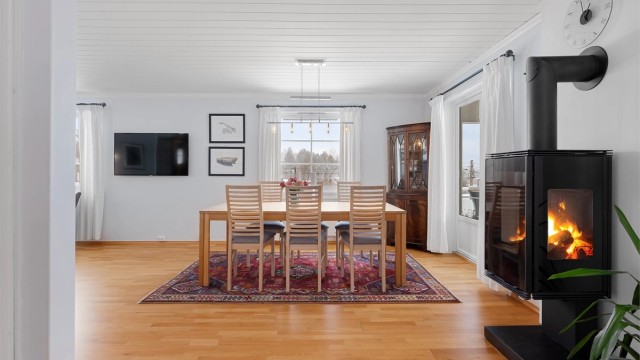 En moderne peisovn fra 2009 gir god varme og en hyggelig atmosfære i stue- og spisestuesonen.