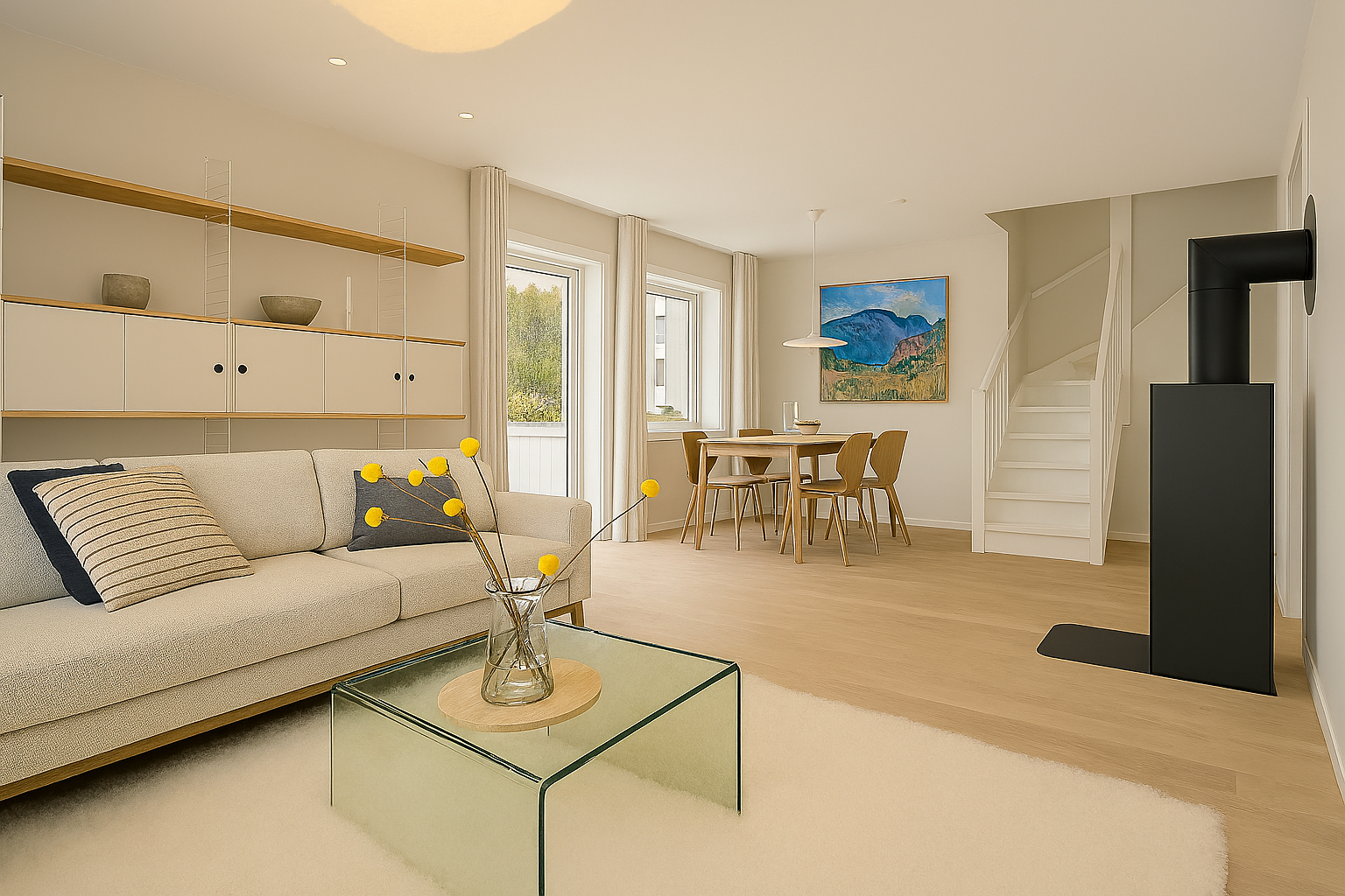 Bildet er generert av kunstig intelligens for å vise utrykket ved lysere vegger og maling samt tetting av trinn i trappen