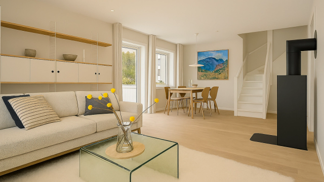 Bildet er generert av kunstig intelligens for å vise utrykket ved lysere vegger og maling samt tetting av trinn i trappen