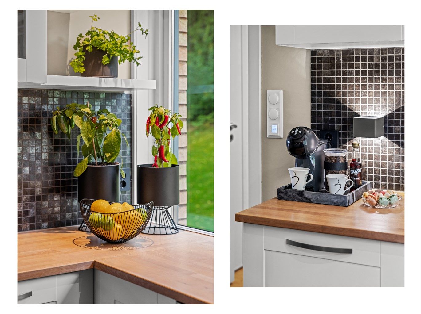 Gjennomførte materialvalg med benkeplate i tre og mørke mosaikkfliser.