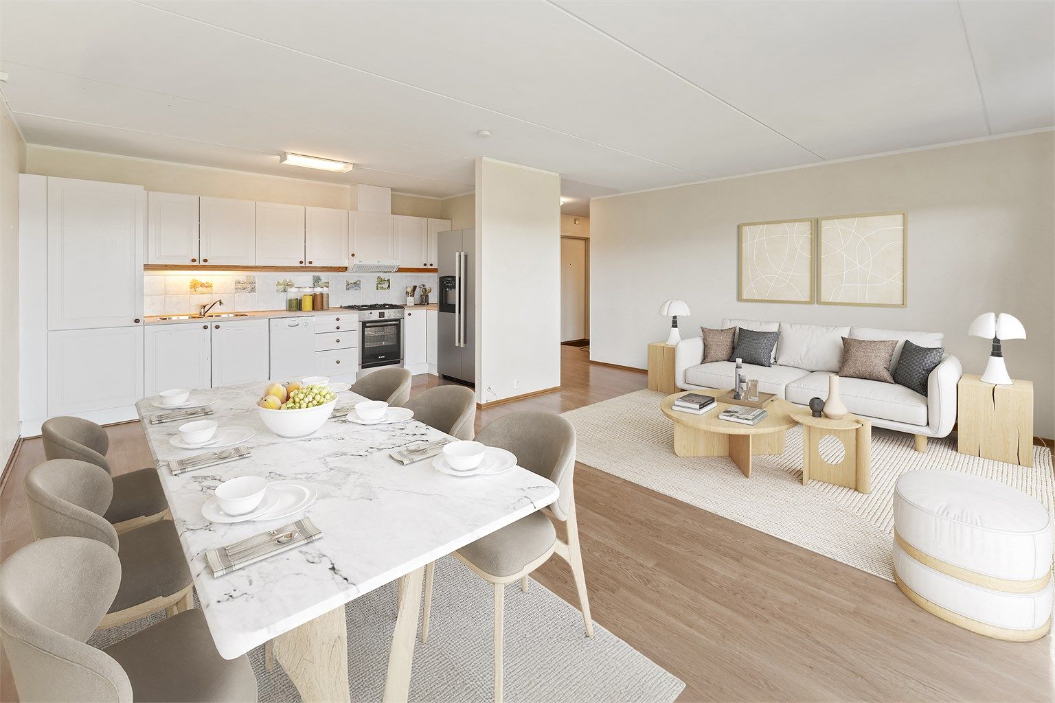 Romslig stue med åpen løsning mot kjøkken (Digital styling).