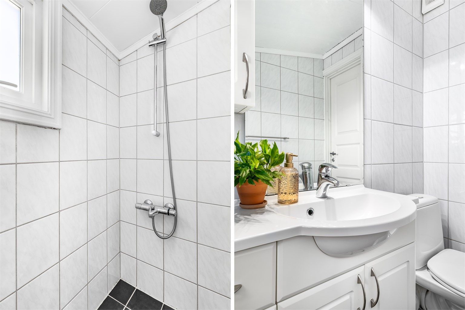 Badets gulv og vegger er utført med fliser, gulvet også med varmekabler.