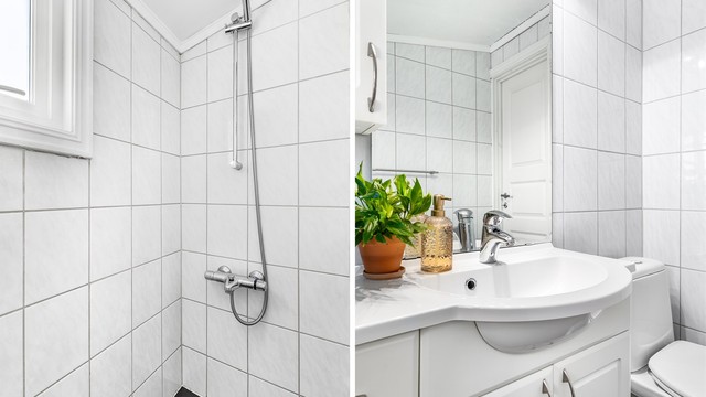 Badets gulv og vegger er utført med fliser, gulvet også med varmekabler.
