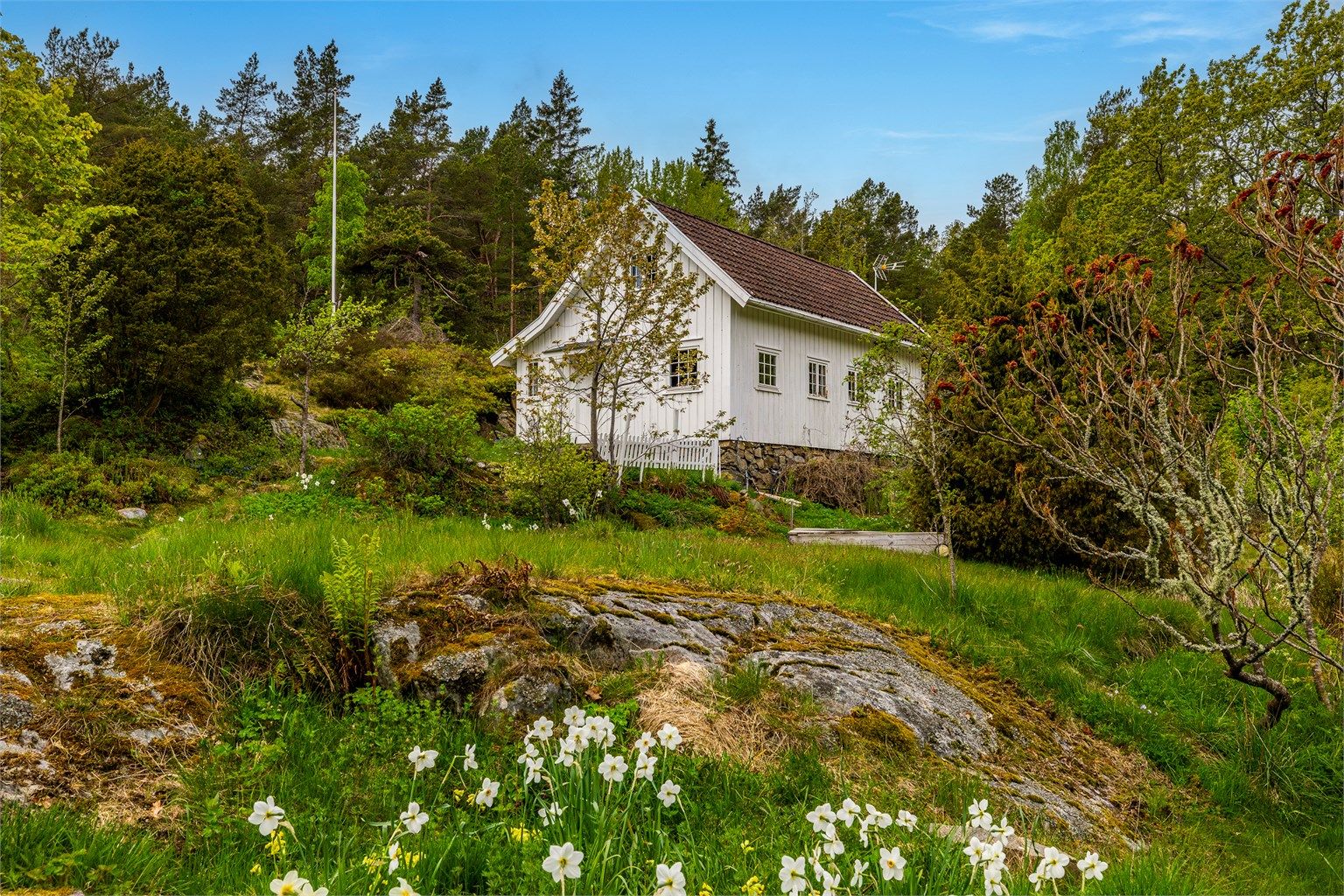 IDYLL. Huset ligger fint for seg selv med gjestehytta ovenfor, også denne ligger helt for seg selv med fin utsikt utover sjøen.