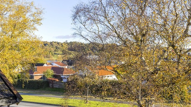Utsikt fra eiendommen mot et veletablert og grønt nabolag på Stokka.