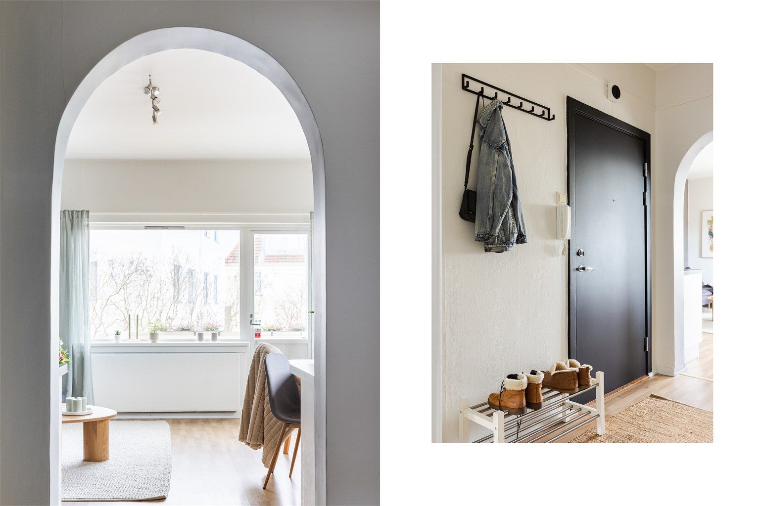 Den klassiske og innbydende entréen er med på å gi et godt førsteinntrykk av leiligheten. Det er god plass til å henge fra seg klær og sette fra seg skotøy.