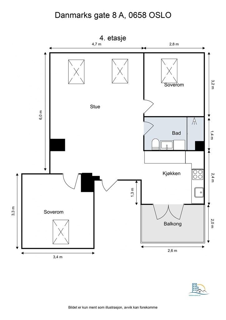 Leiligheten har en arealeffektiv planløsning på 49 m² som omfatter stue, kjøkken, bad og to soverom.