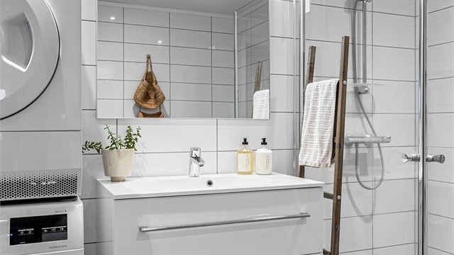 Nedsenket dusjsone i hjørnet med innfellbare glassdører. Opplegg for vaskemaskin og tørketrommel.