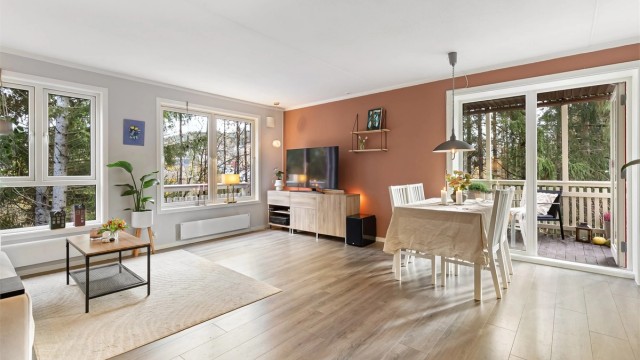 Stuen har plass for sofagruppe, TV-seksjon, spisegruppe og annet passende møblement