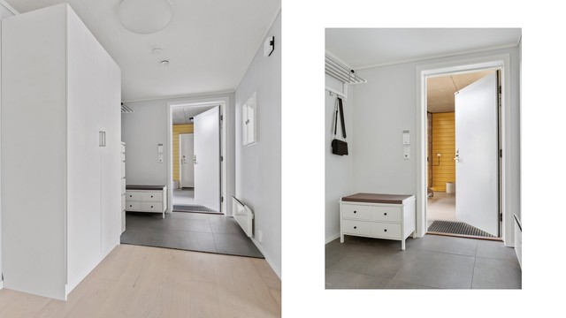 Luftig entré lagt med gulvfliser og gulvvarme. Her er det god plass til garderobeløsning med tilhørende entrémøbler.