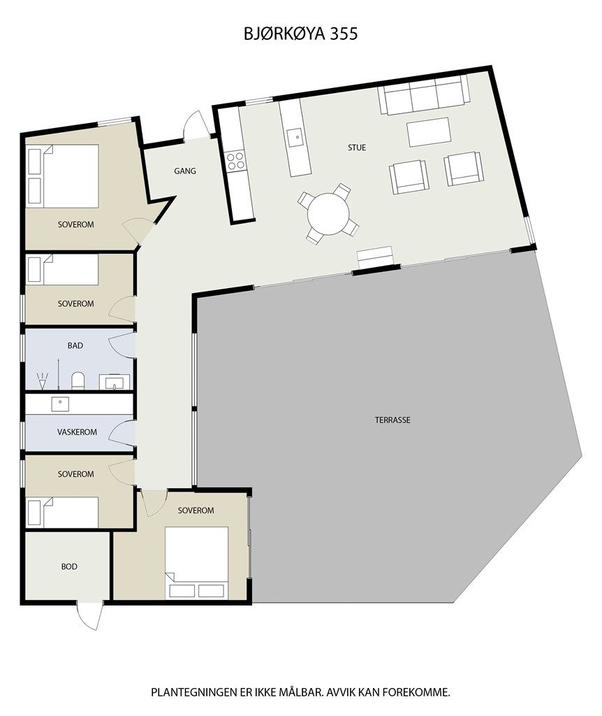 Plantegningen viser en arealeffektiv og god planløsning med alt på ett plan.
