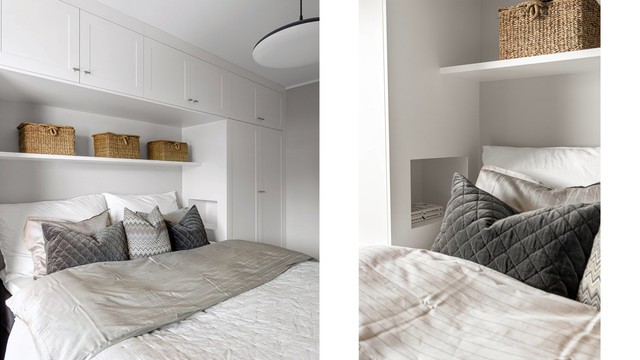 Soverommet fremstår som rolig og harmonisk, med god plass til dobbeltseng. Innfelte nattbord er elegant integrert i de innebygde skapene, noe som skaper et helhetlig og svært tiltalende uttrykk.