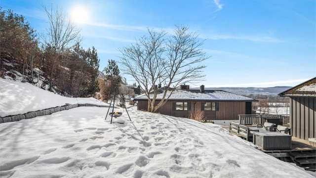 Den skrånende tomten gir en fin dynamikk og flott utsikt fra hagen.