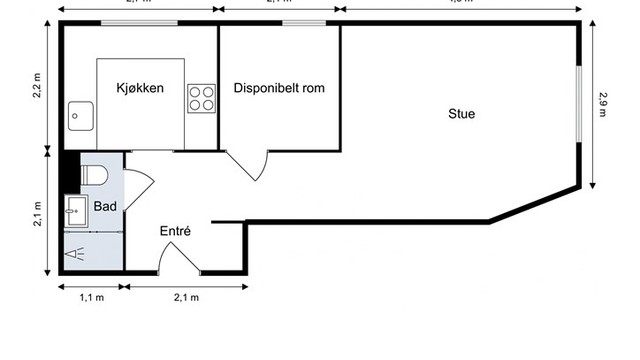 Leiligheten har en god planløsning som utnytter arealet på 35 m² effektivt.