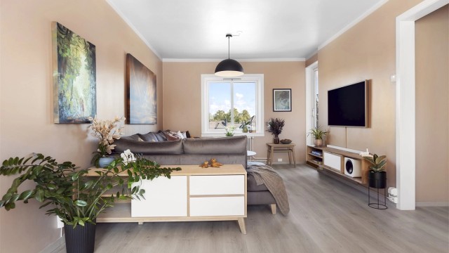 Stuen er romslig og har plass til en stor sofagruppe.
