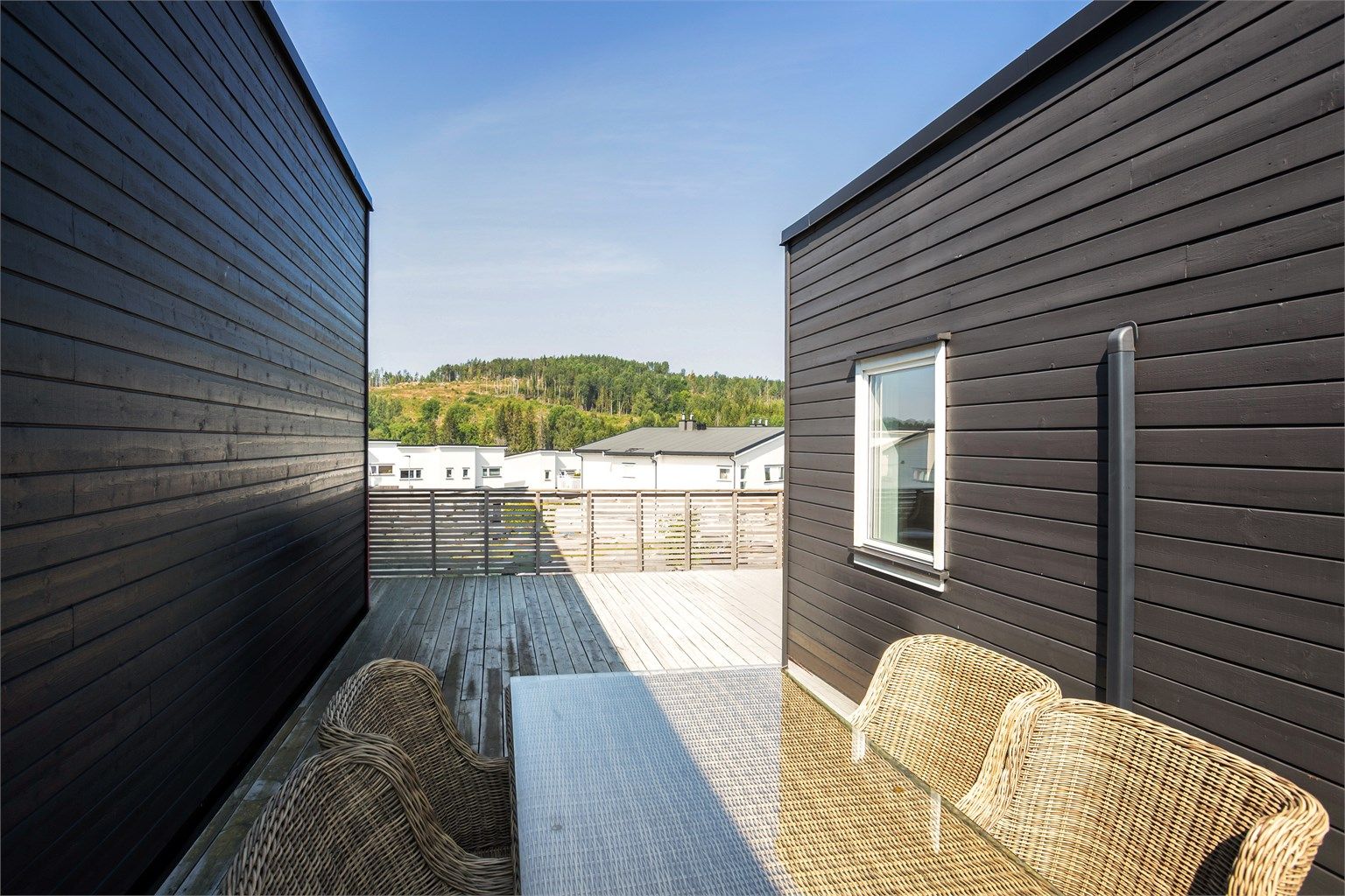 Utsikt fra takterrassen mot de grønne omgivelsene.