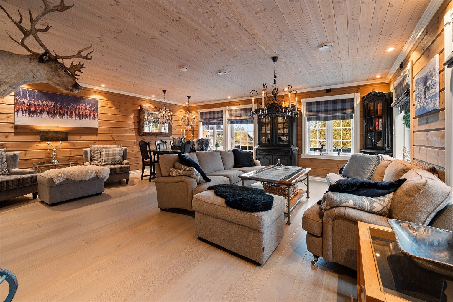 Trivelig stue i behaglige og lune farger. 