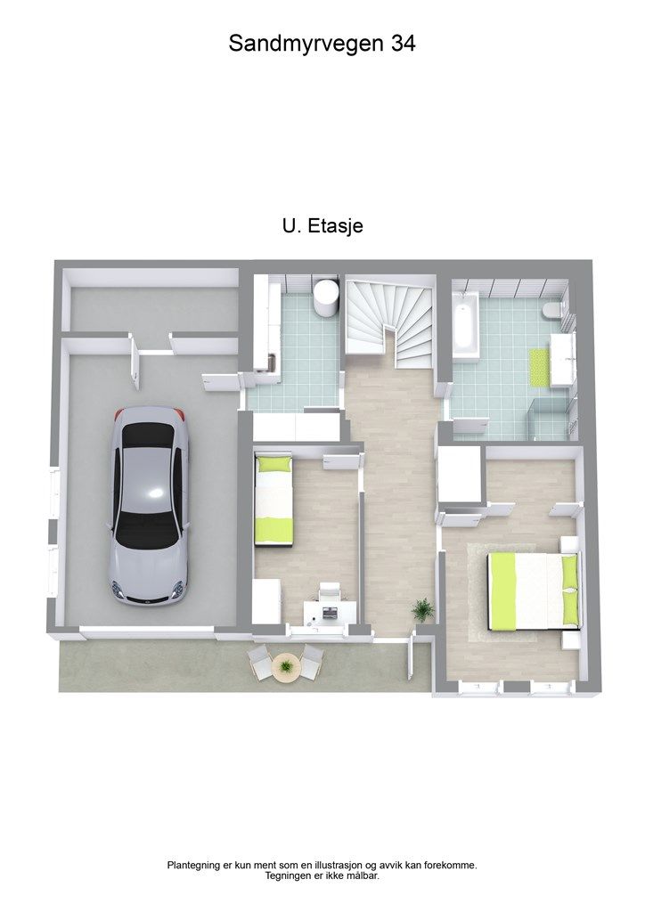Underetasjen har en praktisk planløsning med entré, to soverom, bad, vaskerom og garasje.