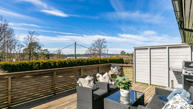 Boligen er elevert i forhold til Brevikveien foran og lite utsatt for innsyn. Flott utsikt til sjøen sees både ute og inne. Fotograf; Børge Oppegård.