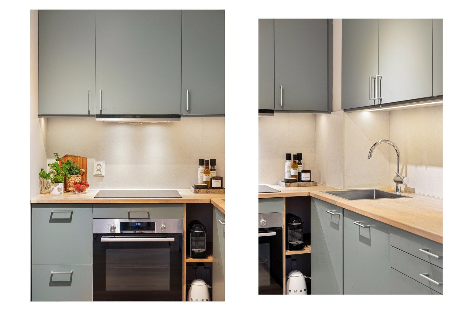 Kjøkkenet er fullt utstyrt med integrerte hvitevarer som medfølger handelen.