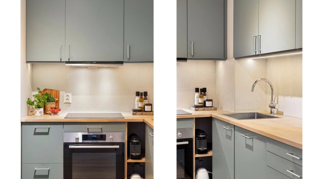 Kjøkkenet er fullt utstyrt med integrerte hvitevarer som medfølger handelen.