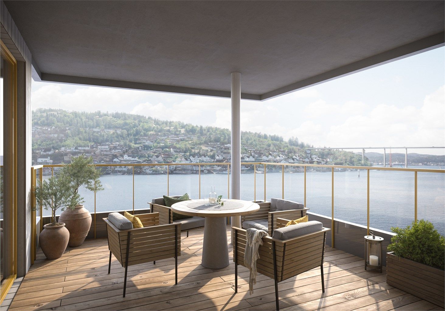 Illustrasjon på balkong hjørneleilighet mot vest.