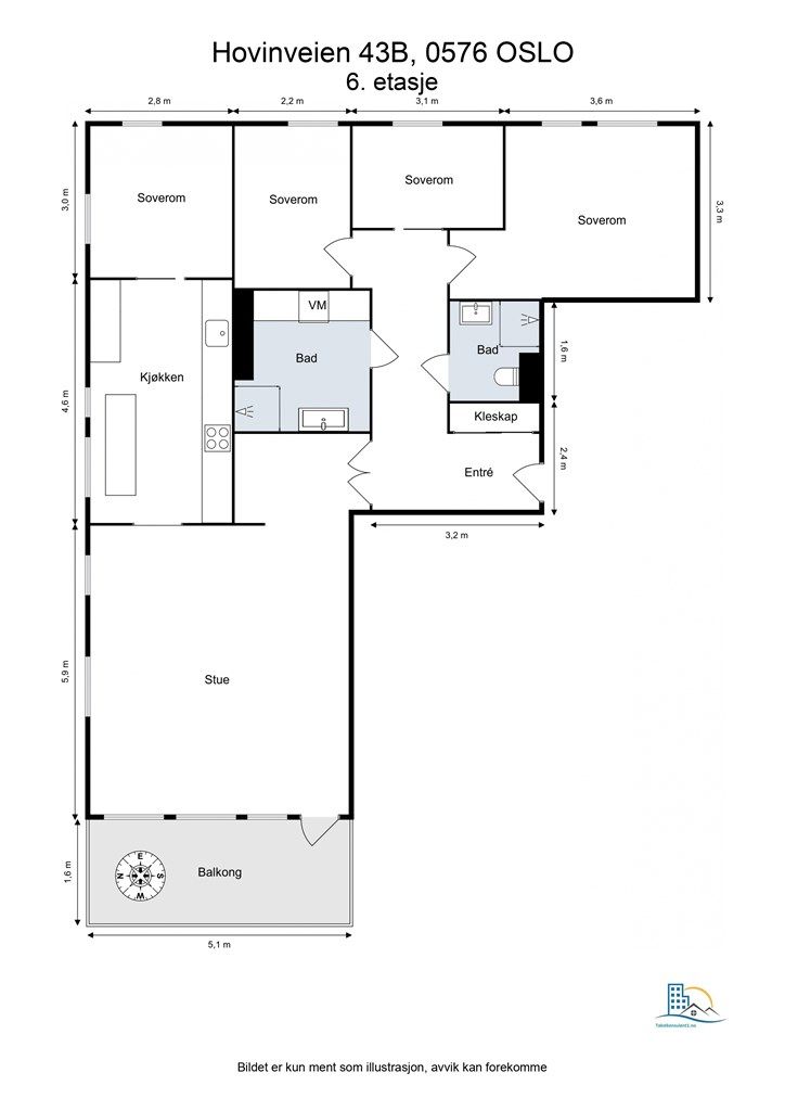 Boligen inneholder entré, stue, kjøkken, 2 bad og 4 soverom.
