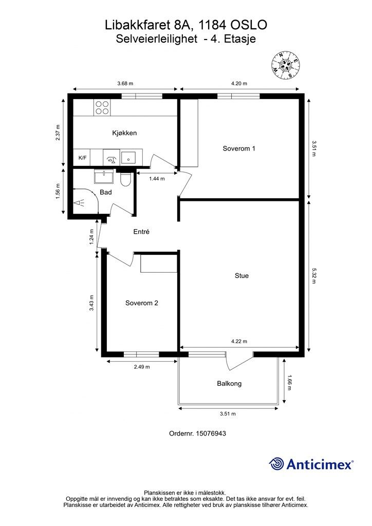 Plantegningen viser en arealeffektiv leilighet på 66 m² med to soverom.