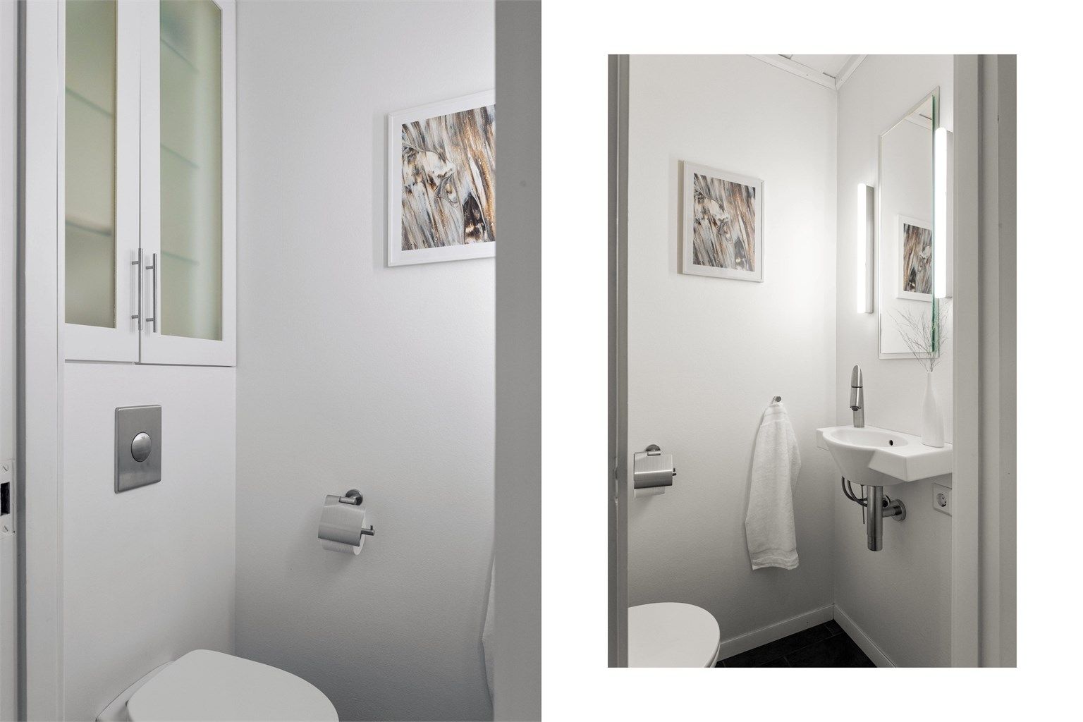 Praktisk separat toalettrom med vegghengt toalett og gjennomførte materialvalg i samme stil som badet.