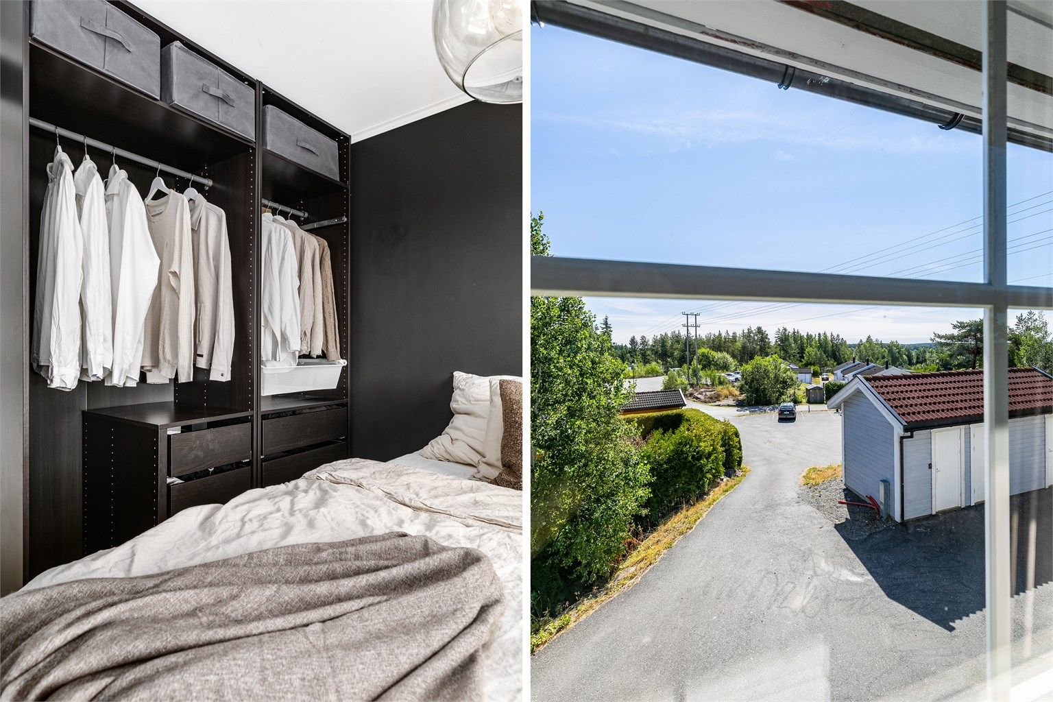 Åpen garderobe i serien Pax fra IKEA medfølger i hovedsoverommet. Gjennom vinduet sees like fin utsikt som på balkongen.