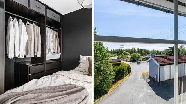 Åpen garderobe i serien Pax fra IKEA medfølger i hovedsoverommet. Gjennom vinduet sees like fin utsikt som på balkongen.