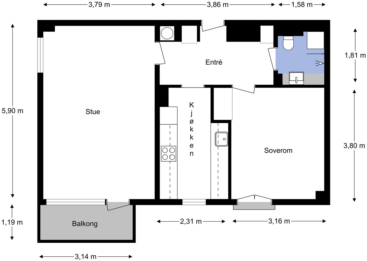 Leiligheten har en god planløsning med godt lysinnslipp i alle oppholdsrom.