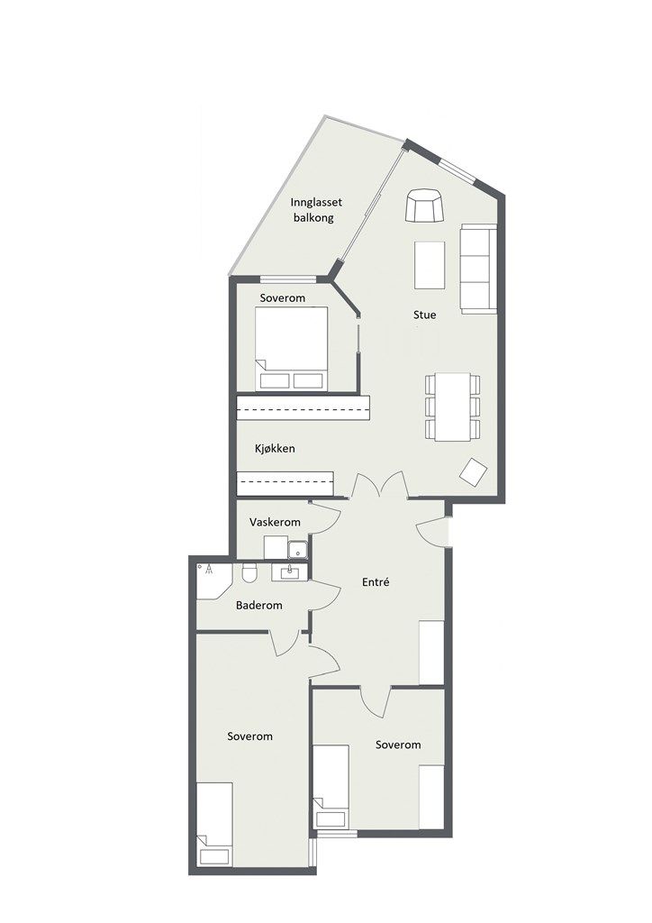 Alternativ planskisse. Skissen er ikke målbar, og kun ment for å illustrere alternativ planløsning med tre soverom