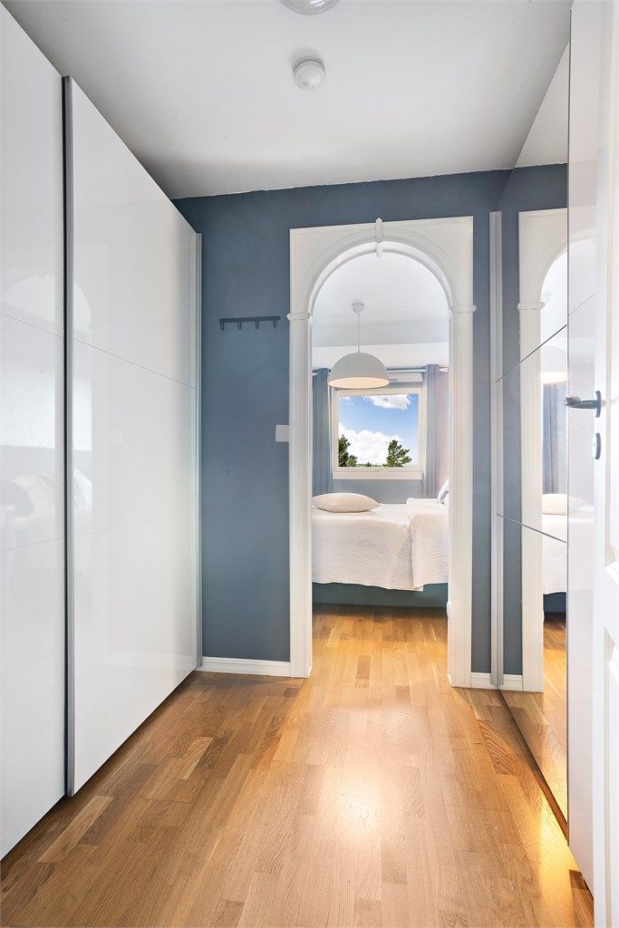 En praktisk walk-in garderobe er plassert sentralt mellom soverom og bad.
