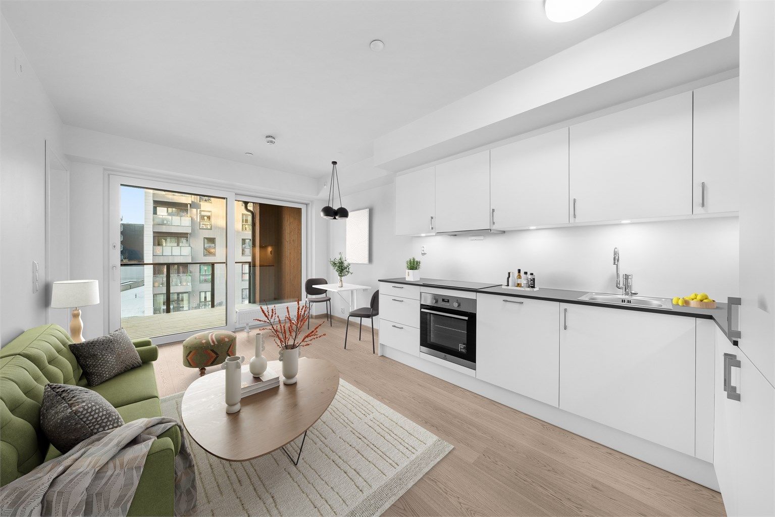 Velkommen til Døliringen 27! En flott 2-roms hjørneleilighet med god planløsning. Bildet er digitalt møblert. | Foto: Flytende Film AS (Thor Øyvind Borgersen)