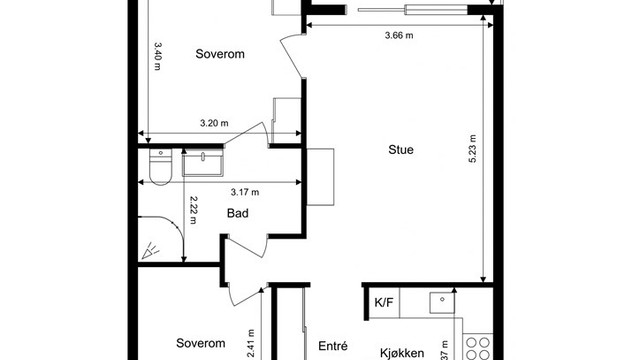 Leiligheten har en arealeffektiv planløsning med to soverom og utgang til balkong fra stuen.