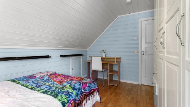 Rommet har plass til en liten arbeidspult under skråtaket.