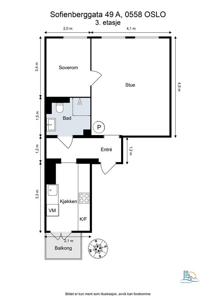 Plantegning. Boligen ligger i byggets 3.etasje. 