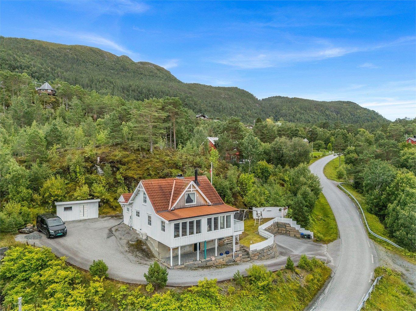 Fra sjøsiden får man virkelig inntrykk av den unike beliggenheten – med bolig, sjølinje og omgivelser som spiller godt sammen.