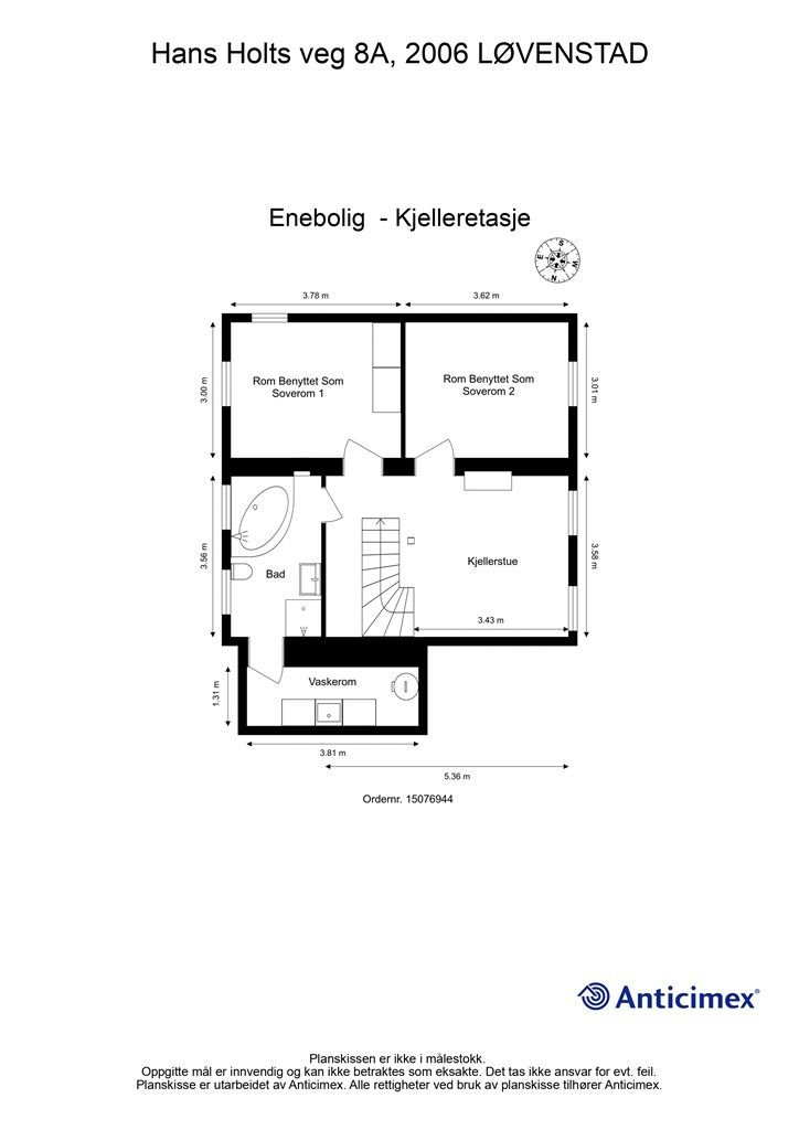 Plantegning for underetasjen på 60 m², som er innredet med stue, 2 soverom, vaskerom og bad. - Rommene er ikke godkjent til for varig opphold