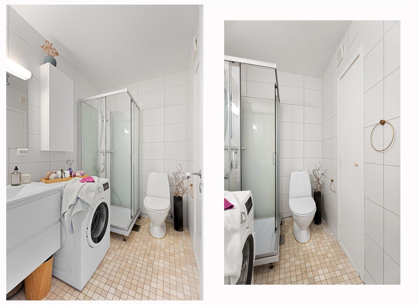 Lyst, tidløst bad fra 2015 med hvite fliser på vegg og tromlet marmor på gulv