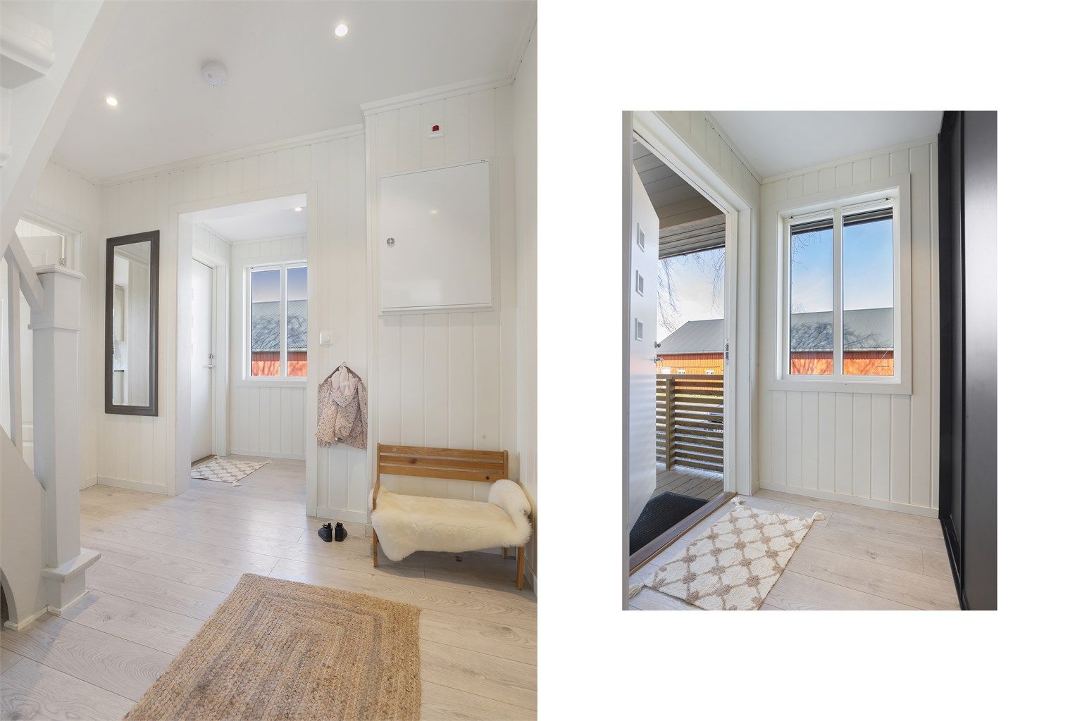 Entréen er lys og funksjonell, med god plass til å henge fra seg yttertøy i skyvedørsgarderobe.