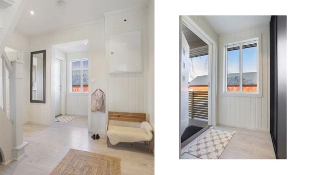 Entréen er lys og funksjonell, med god plass til å henge fra seg yttertøy i skyvedørsgarderobe.