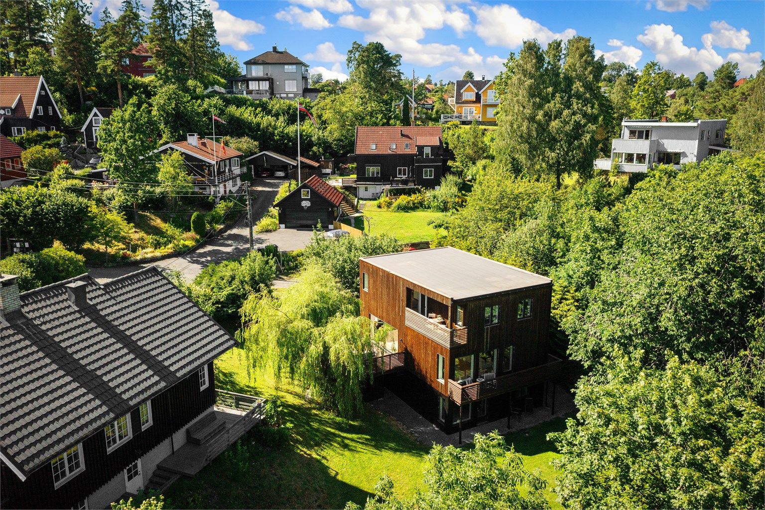 Boligen sett fra luften, omkranset av grønt.